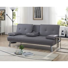 Modern Futon Sleep Sofa Bed Couch in Grey Faux Leather with Cup Holder