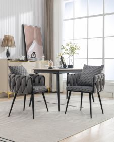 Grey Modern Velvet Dining Chairs Set of 2 Hand Weaving Accent Chairs Living Room Chairs Upholstered Side Chair with Black Metal Legs for Dining Room K