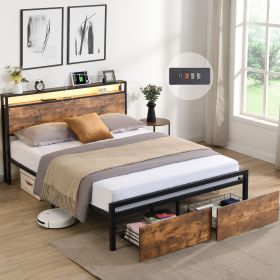 Full Size Bed Frame with Storage Headboard and 2 Drawers, LED Lights Bed with Charging Station, Metal Platform Bed No Noise