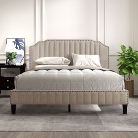 Modern Linen Curved  Platform Bed , Solid Wood