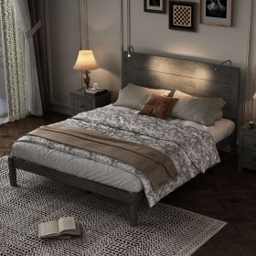 Farmhouse Wooden Platform Full Size Bed, Modern Platform Bed with Two Bedside Lights, Antique Gray