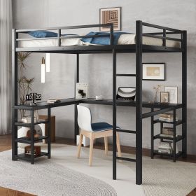 Full Metal Loft Bed with Desk and Shelves, Loft Bed with Ladder and Guardrails, Loft Bed Frame for Bedroom, Black with Black Desk