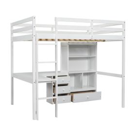 Full Size Loft Wood Bed with Desk, Storage shelves and Drawers, Built-in Ladder, High Loft Bed with Desk, Storage Shelves and Drawers,Guardrails,White