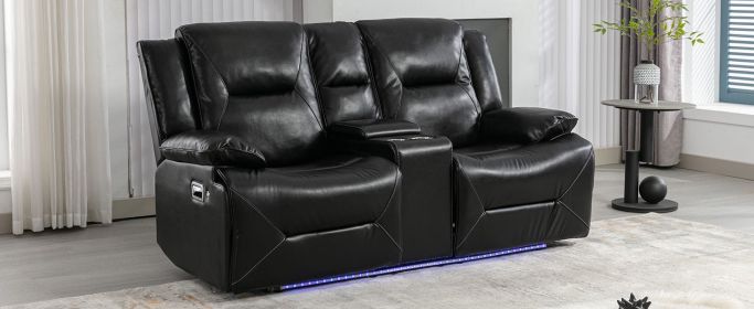 2 Seater Home Theater Recliner Manual Recliner Chair with a LED Light Strip Two Cup Holders and a Storage Box for Living Room,Bedroom, Black