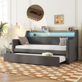 Twin Size Daybed with Trundle Bed, Upholstered Daybed with Charging Station and LED Lights, Gray