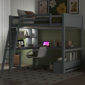 Full Size Loft Bed with L-shaped Multi-storage Desk, LED light and USB Charging Station, Storage Bench with 2 Drawers, Gray