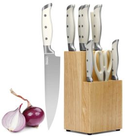 Qulajoy White Knife Set With Block - 9 Piece Razor Sharp Forged High Carbon Stainless Steel Kitchen Knives - Triple Rivet Cooking Knife Set With Kitch (Color: White)