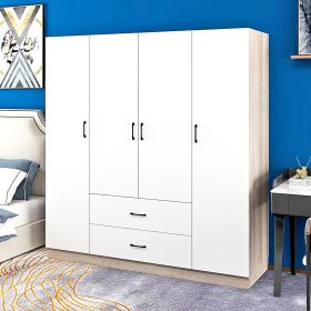 3 Doors Bedroom Armoire Wardrobe Closet Cabinet, 3 Drawers Wardrobe Closet with Hanging Rod, 3-Colors Wood Closet Wardrobe for Large Storage (Color: White-35)