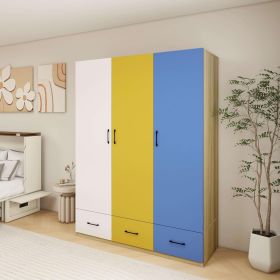 3 Doors Bedroom Armoire Wardrobe Closet Cabinet, 3 Drawers Wardrobe Closet with Hanging Rod, 3-Colors Wood Closet Wardrobe for Large Storage (Color: Yellow+Blue+White)