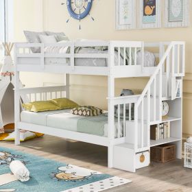 Stairway Twin-Over-Twin Bunk Bed with Storage and Guard Rail for Bedroom, Dorm (Color: White)