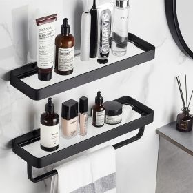 Bathroom Shelves Wall Mounted Glass Shelves for Bathroom Floating Shelf with Towel Holder Glass Shower Shelf 2 Tier Bathroom Wall Organizer (Color: Black)