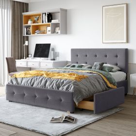 Upholstered Platform Bed with Classic Headboard and 4 Drawers; (Color: Dark Gray)