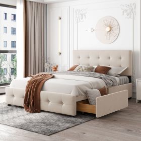 Upholstered Platform Bed with Classic Headboard and 4 Drawers; (Color: Beige)