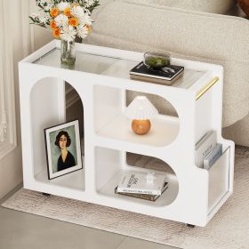 Mobile End Table with Lockable Wheels, Narrow Coffee Table with 5mm Thick Fluted Tempered Glass, Modern Nightstand with Golden Round Rod, Living Room (Material: MDF, Color: White)