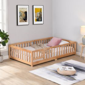 Queen Size Floor Bed with Door, Solid Wood Platform Bed Frame with Fence, Suitable for children, Pine Wood (Color: Natural)