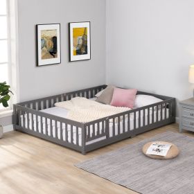 Queen Size Floor Bed with Door, Solid Wood Platform Bed Frame with Fence, Suitable for children, Pine Wood (Color: Gray)