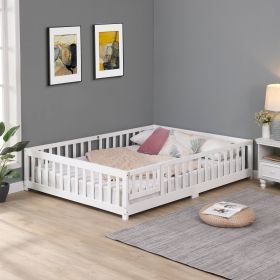 Twin Size Floor Bed with Door, Solid Wood Platform Bed Frame with Fence, Suitable for children, Pine Wood (Color: White)